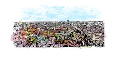 Print Building View Guadalajara, Meksika 'nın batısında bir şehirdir. Vektörde elle çizilmiş resim ile suluboya sıçraması.