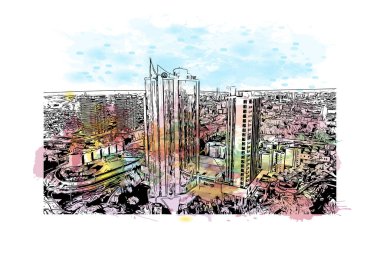 Print Building View Guadalajara, Meksika 'nın batısında bir şehirdir. Vektörde elle çizilmiş resim ile suluboya sıçraması.