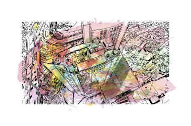 Print Building View Guadalajara, Meksika 'nın batısında bir şehirdir. Vektörde elle çizilmiş resim ile suluboya sıçraması.