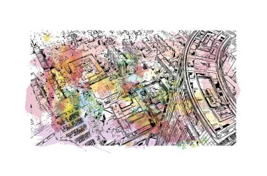 Print Building view with landmark of Guangzhou is the city in China. Vektörde elle çizilmiş resim ile suluboya sıçraması.