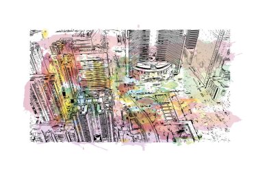 Print Building view with landmark of Guangzhou is the city in China. Vektörde elle çizilmiş resim ile suluboya sıçraması.