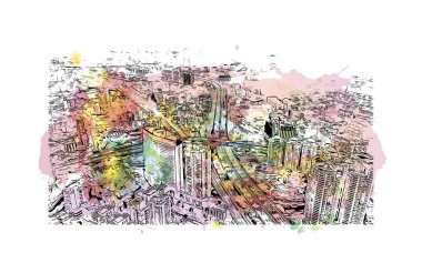 Print Building view with landmark of Guangzhou is the city in China. Vektörde elle çizilmiş resim ile suluboya sıçraması.