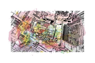 Print Building view with landmark of Guangzhou is the city in China. Vektörde elle çizilmiş resim ile suluboya sıçraması.