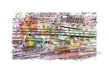 Print Building view with landmark of Guangzhou is the city in China. Vektörde elle çizilmiş resim ile suluboya sıçraması.