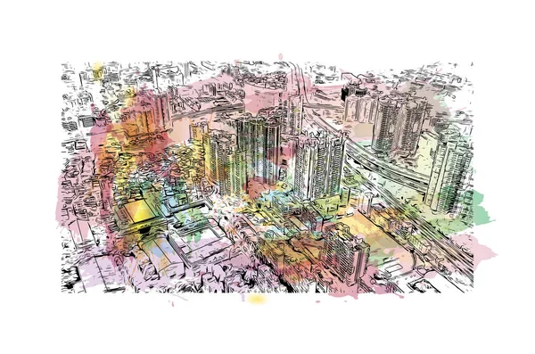 Print Building View Landmark Guangzhou City China Watercolor Splash Hand — Stock Vector