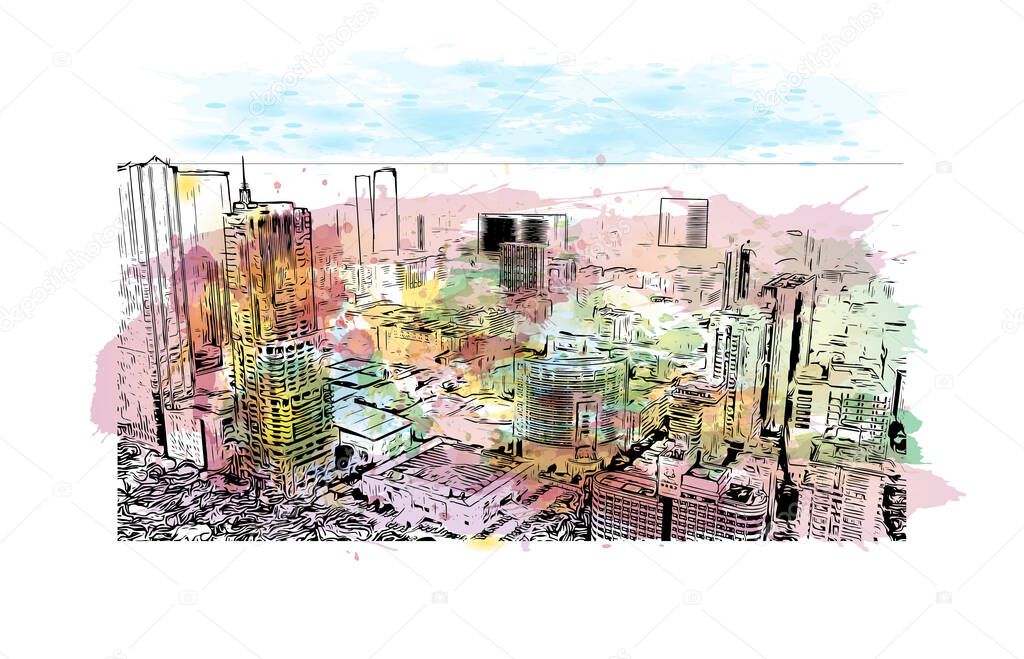 Print Building view with landmark of Guangzhou is the city in China. Watercolor splash with hand drawn sketch illustration in vector.