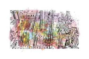 Print Building view with landmark of Guangzhou is the city in China. Vektörde elle çizilmiş resim ile suluboya sıçraması.