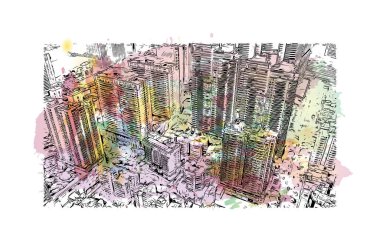 Print Building view with landmark of Guangzhou is the city in China. Vektörde elle çizilmiş resim ile suluboya sıçraması.