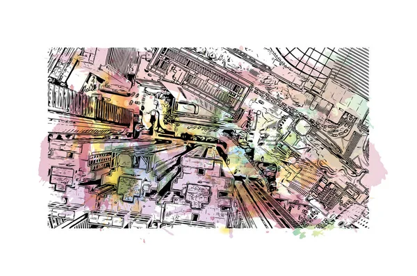 Print Building view with landmark of Guangzhou is the city in China. Vektörde elle çizilmiş resim ile suluboya sıçraması.