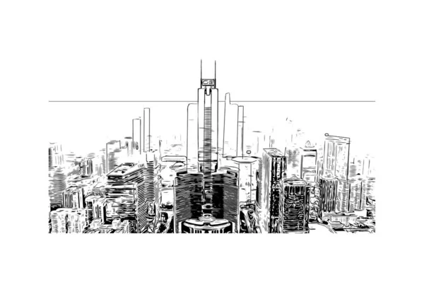 Imprimir Vista Del Edificio Con Hito Guangzhou Ciudad China Dibujo — Vector de stock
