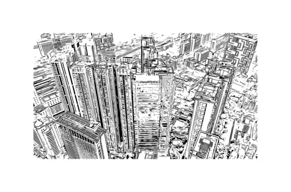 Imprimir Vista Del Edificio Con Hito Guangzhou Ciudad China Dibujo — Vector de stock