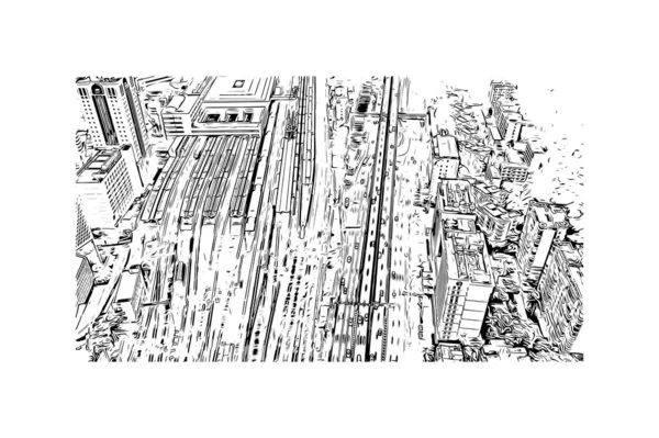Imprimir Vista Edifício Com Marco Guangzhou Cidade China Desenho Desenhado — Vetor de Stock