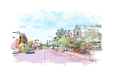 Print Building view with landmark of Guimaraes, Kuzey Portekiz 'de bir şehirdir. Vektörde elle çizilmiş resim ile suluboya sıçraması.