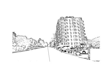 Print Building view with landmark of Guimaraes, Kuzey Portekiz 'de bir şehirdir. Vektörde elle çizilmiş çizim çizimi.