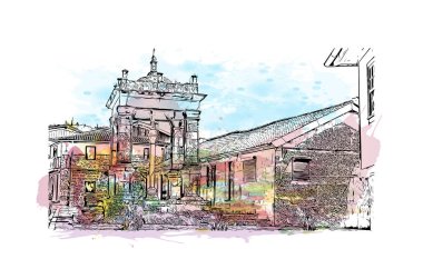 Print Building view with landmark of Guimaraes, Kuzey Portekiz 'de bir şehirdir. Vektör içinde el çizimi çizimi eşkali ile suluboya sıçraması.