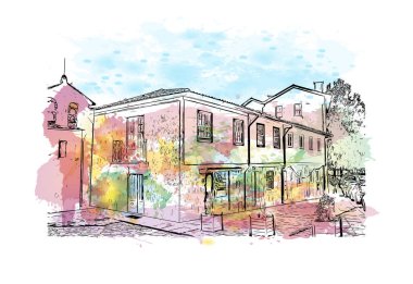 Print Building view with landmark of Guimaraes, Kuzey Portekiz 'de bir şehirdir. Vektör içinde el çizimi çizimi eşkali ile suluboya sıçraması.