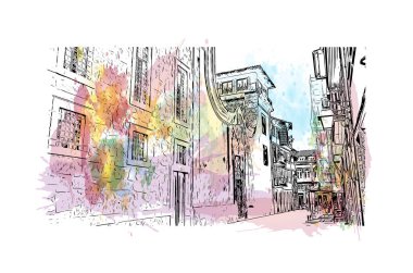 Print Building view with landmark of Guimaraes, Kuzey Portekiz 'de bir şehirdir. Vektör içinde el çizimi çizimi eşkali ile suluboya sıçraması.