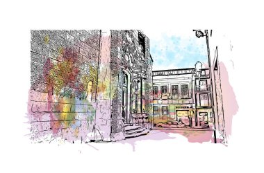 Print Building view with landmark of Guimaraes, Kuzey Portekiz 'de bir şehirdir. Vektör içinde el çizimi çizimi eşkali ile suluboya sıçraması.