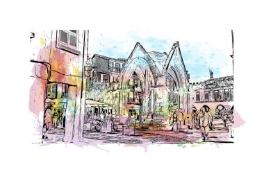 Print Building view with landmark of Guimaraes, Kuzey Portekiz 'de bir şehirdir. Vektör içinde el çizimi çizimi eşkali ile suluboya sıçraması.