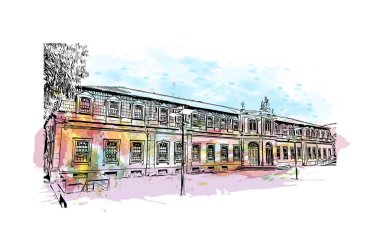 Print Building view with landmark of Guimaraes, Kuzey Portekiz 'de bir şehirdir. Vektör içinde el çizimi çizimi eşkali ile suluboya sıçraması.