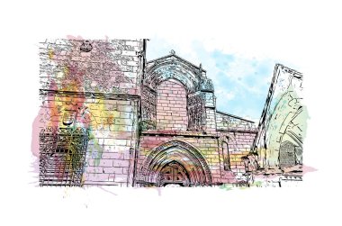 Print Building view with landmark of Guimaraes, Kuzey Portekiz 'de bir şehirdir. Vektör içinde el çizimi çizimi eşkali ile suluboya sıçraması.