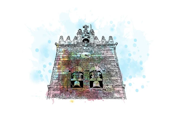 吉马拉伊的标志性建筑是葡萄牙北部的一个城市 矢量手绘示意图水彩画 — 图库矢量图片