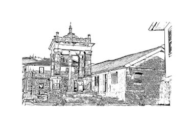 Print Building view with landmark of Guimaraes, Kuzey Portekiz 'de bir şehirdir. El çizimi çizimi çizimi çizimi.
