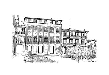 Print Building view with landmark of Guimaraes, Kuzey Portekiz 'de bir şehirdir. El çizimi çizimi çizimi çizimi.