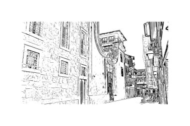 Print Building view with landmark of Guimaraes, Kuzey Portekiz 'de bir şehirdir. El çizimi çizimi çizimi çizimi.