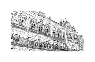 Print Building view with landmark of Guimaraes, Kuzey Portekiz 'de bir şehirdir. El çizimi çizimi çizimi çizimi.