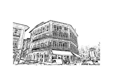 Print Building view with landmark of Guimaraes, Kuzey Portekiz 'de bir şehirdir. El çizimi çizimi çizimi çizimi.