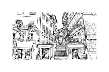 Print Building view with landmark of Guimaraes, Kuzey Portekiz 'de bir şehirdir. El çizimi çizimi çizimi çizimi.