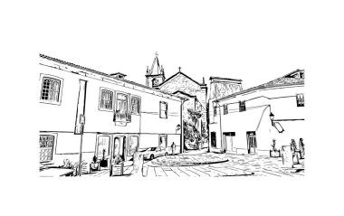 Print Building view with landmark of Guimaraes, Kuzey Portekiz 'de bir şehirdir. El çizimi çizimi çizimi çizimi.