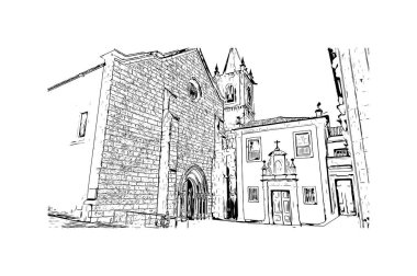 Print Building view with landmark of Guimaraes, Kuzey Portekiz 'de bir şehirdir. El çizimi çizimi çizimi çizimi.