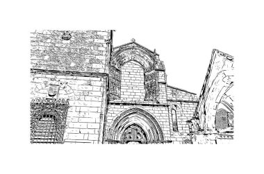 Print Building view with landmark of Guimaraes, Kuzey Portekiz 'de bir şehirdir. El çizimi çizimi çizimi çizimi.