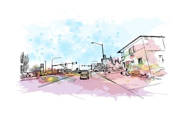 Everett 'in simgesi olan Print Building View, Washington' daki bir şehirdir. Vektörde elle çizilmiş resim ile suluboya sıçraması.