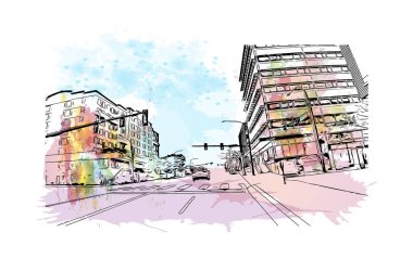 Everett 'in simgesi olan Print Building View, Washington' daki bir şehirdir. Vektörde elle çizilmiş resim ile suluboya sıçraması.