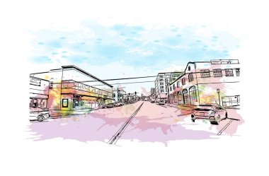 Everett 'in simgesi olan Print Building View, Washington' daki bir şehirdir. Vektörde elle çizilmiş resim ile suluboya sıçraması.