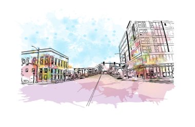 Everett 'in simgesi olan Print Building View, Washington' daki bir şehirdir. Vektörde elle çizilmiş resim ile suluboya sıçraması.