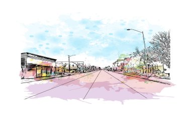 Everett 'in simgesi olan Print Building View, Washington' daki bir şehirdir. Vektörde elle çizilmiş resim ile suluboya sıçraması.