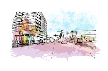 Everett 'in simgesi olan Print Building View, Washington' daki bir şehirdir. Vektörde elle çizilmiş resim ile suluboya sıçraması.