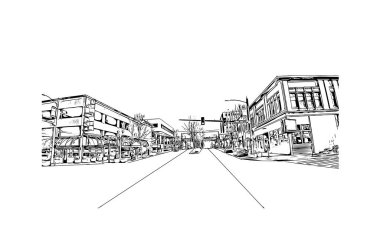 Everett 'in simgesi olan Print Building View, Washington' daki bir şehirdir. Vektörde elle çizilmiş çizim çizimi.