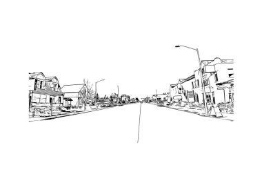 Everett 'in simgesi olan Print Building View, Washington' daki bir şehirdir. Vektörde elle çizilmiş çizim çizimi.