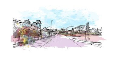 Baskı binası manzarası Gulf Shores 'ın simgesi olan Alabama' da bir şehirdir. Vektörde elle çizilmiş resim ile suluboya sıçraması.