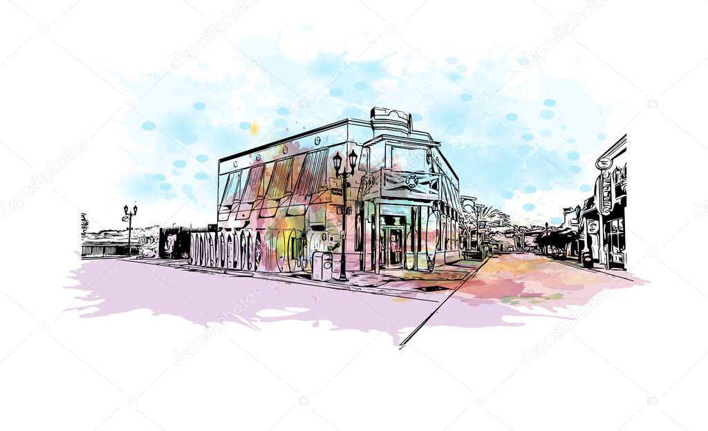 Print Building view with landmark of Gulf Shores is a city in Alabama. Watercolor splash with hand drawn sketch illustration in vector.