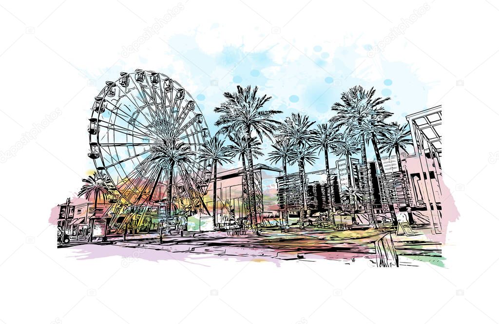Print  Building view with landmark of Gulf Shores is a city in Alabama. Watercolor splash with hand drawn sketch illustration in vector.