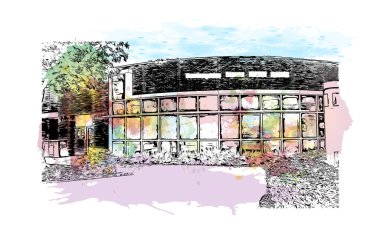 Print Building view with landmark of Gainesville, Kuzey Florida 'da bir şehirdir. Vektörde elle çizilmiş resim ile suluboya sıçraması.