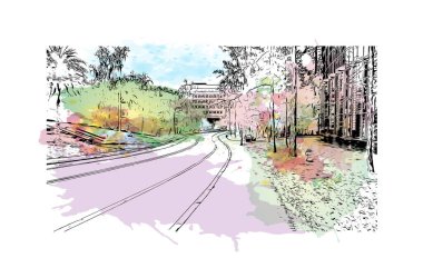 Print Building view with landmark of Gainesville, Kuzey Florida 'da bir şehirdir. Vektörde elle çizilmiş resim ile suluboya sıçraması.