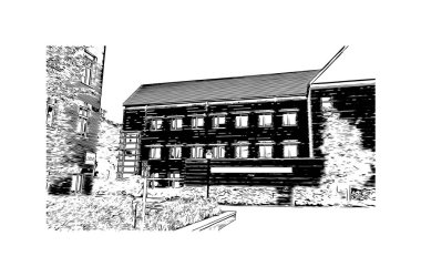 Print Building view with landmark of Gainesville, Kuzey Florida 'da bir şehirdir. Vektörde elle çizilmiş çizim çizimi.