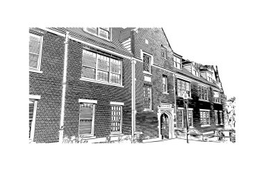 Print Building view with landmark of Gainesville, Kuzey Florida 'da bir şehirdir. Vektörde elle çizilmiş çizim çizimi.